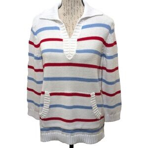 Talbots Sweater Large Petite  White Red Blue Stripe  Cotton Poly Beach  Nautical